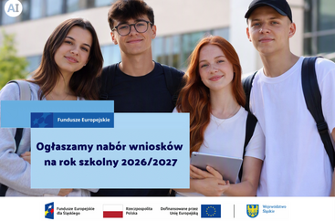 Zdjęcie wygenerowane przez AI: dwie uczennice i dwóch uczniów stoję uśmiechnięci przed budynkiem szkoły