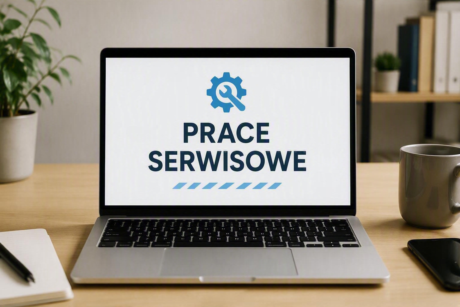 Otwarty laptop z komunikatem: prace serwisowe