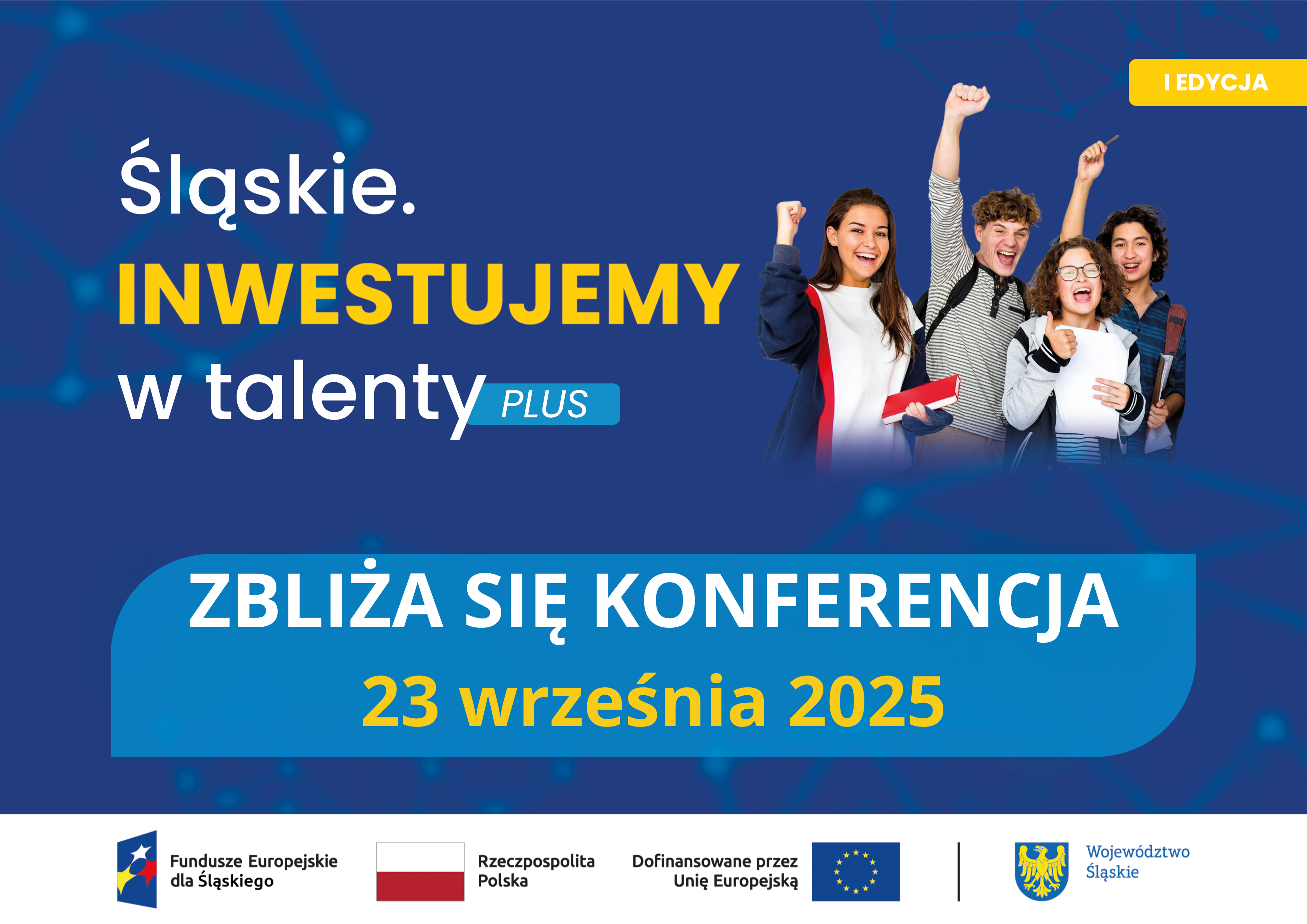 Informacja o zbliżającej się konferencji. 4 uczniów i uczennic raduje się z powodu nadchodzącego wydarzenia.