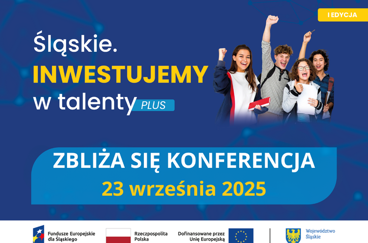 Informacja o zbliżającej się konferencji. 4 uczniów i uczennic raduje się z powodu nadchodzącego wydarzenia.
